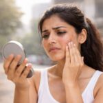 Woman examining acne and skin redness on her face using a hand mirror