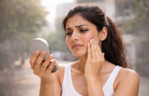 Woman examining acne and skin redness on her face using a hand mirror