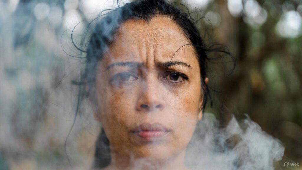 Woman with a serious expression surrounded by smoke or steam