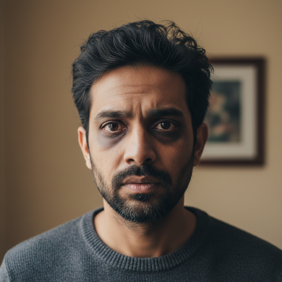 Close-up of a man showing dark circles and signs of fatigue around the eyes