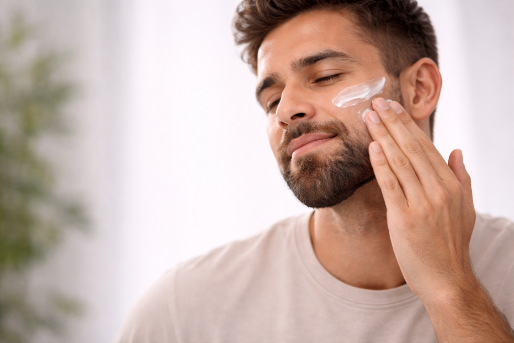 Young man gently applying moisturizer to his face during a daily skincare routine