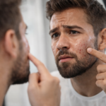 Man looking at acne and red pimples on his cheek while checking his skin in the mirror