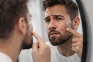 Man looking at acne and red pimples on his cheek while checking his skin in the mirror