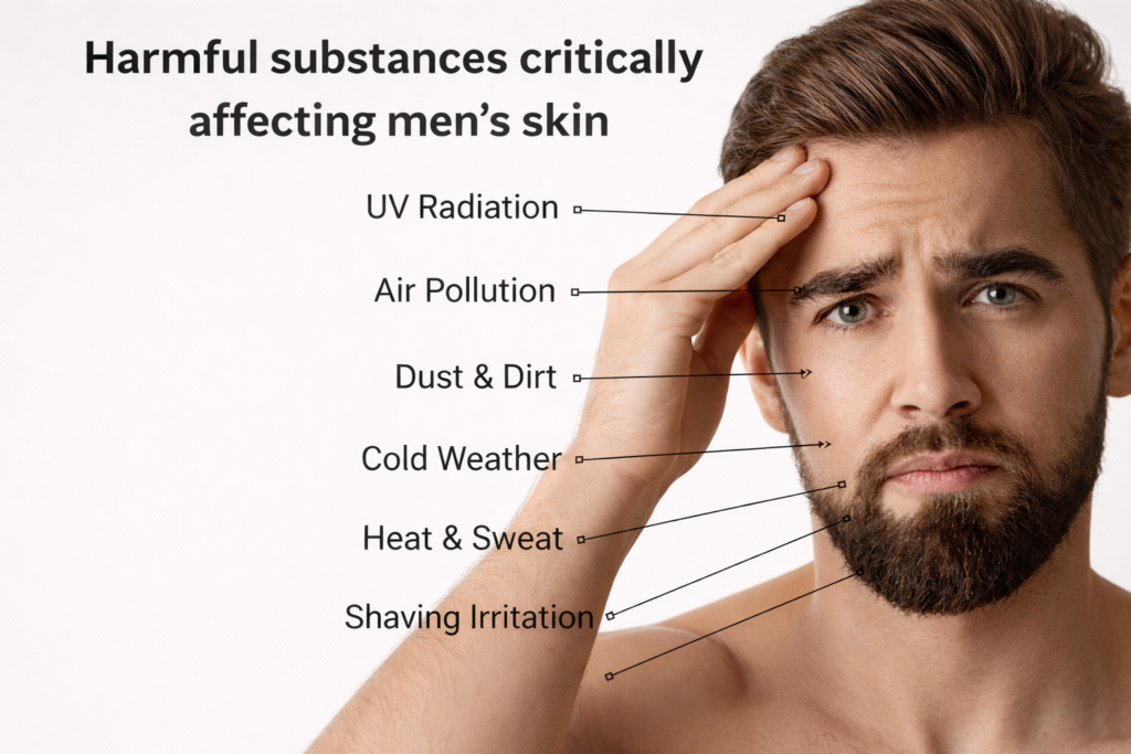 Man touching his forehead with an infographic listing harmful substances affecting men’s skin such as UV radiation, air pollution, dust and dirt, cold weather, heat and sweat, and shaving irritation