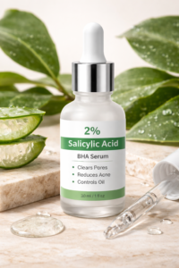 2% salicylic acid BHA serum bottle with dropper, aloe vera leaves in the background