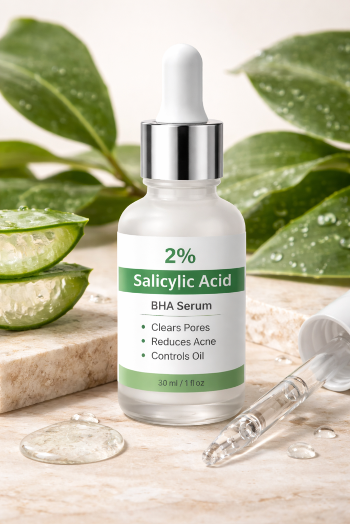 2% salicylic acid BHA serum bottle with dropper, aloe vera leaves in the background