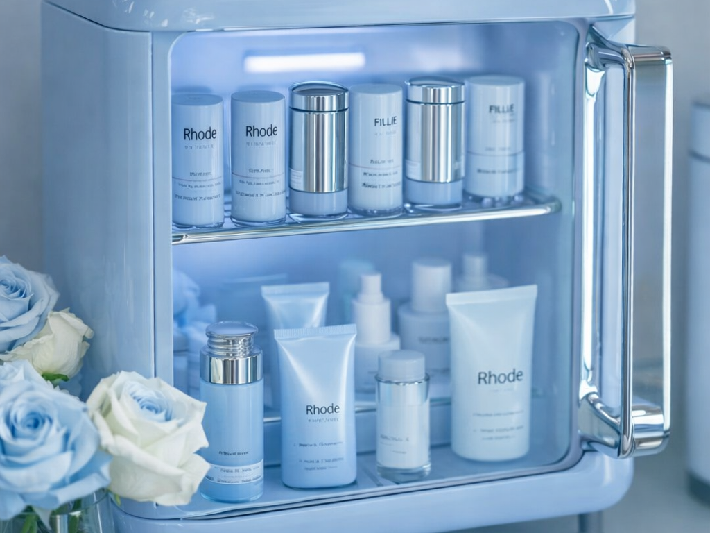 Blue mini beauty fridge for skincare storage containing chilled serums and creams to preserve product shelf life.