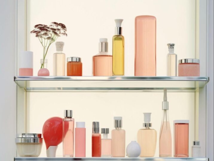 A collection of luxury skincare serums, lotions, and oils in glass bottles arranged on minimalist shelves.
