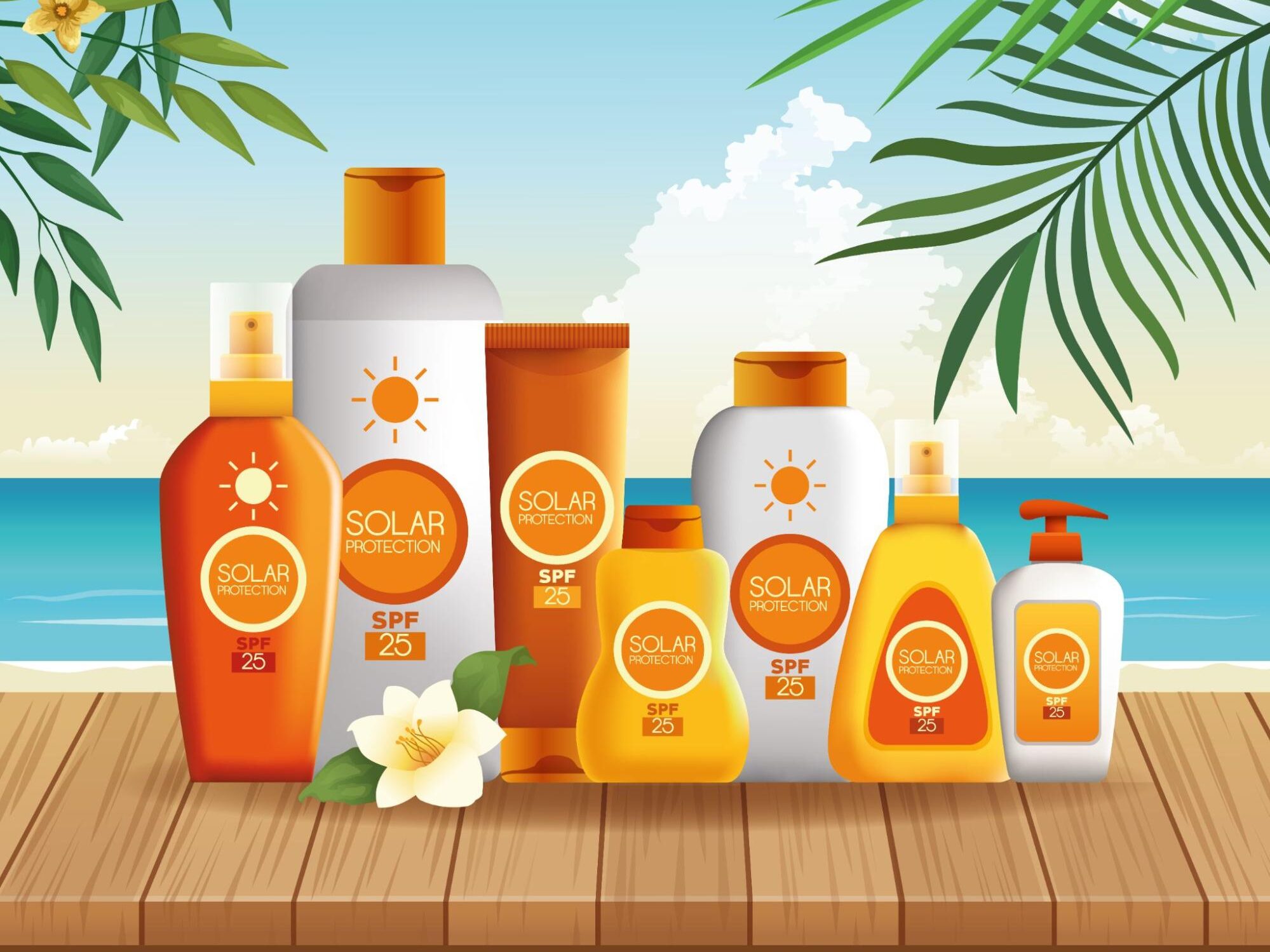 Variety of SPF 25 solar protection sunscreen bottles on a wooden beach deck.