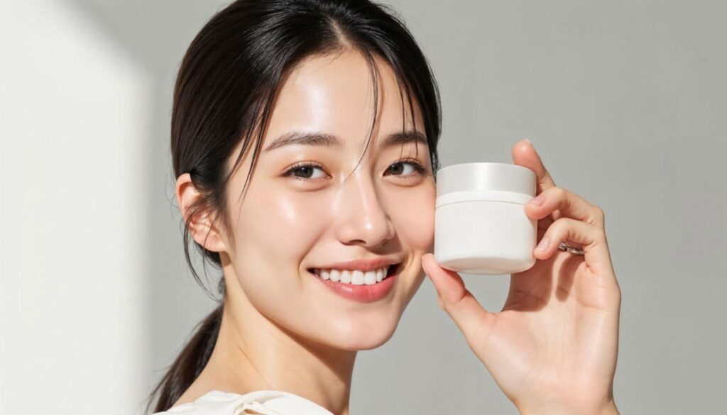 Smiling woman with glowing glass skin holding a white Korean skincare cream jar against a bright background.
