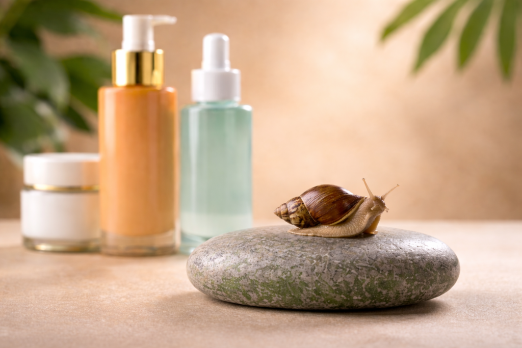 A live snail on a stone next to bottles of serum and moisturizer, representing snail mucin ingredients in Korean skincare.