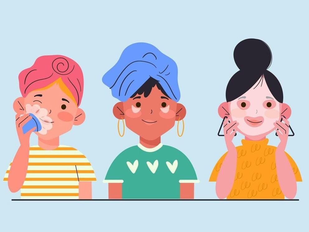 Flat illustration of three diverse women performing a multi-step Korean skincare routine, including cleansing and moisturizing.