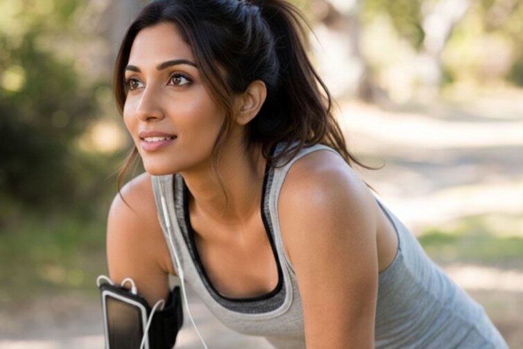 Woman resting outdoors after a workout, wearing fitness clothing and earphones