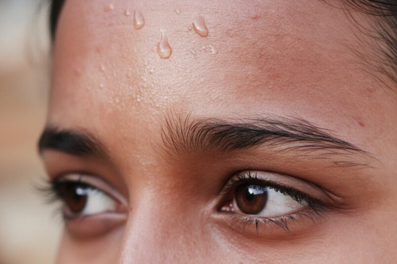 Close-up of a woman’s forehead and eyes with visible sweat droplets